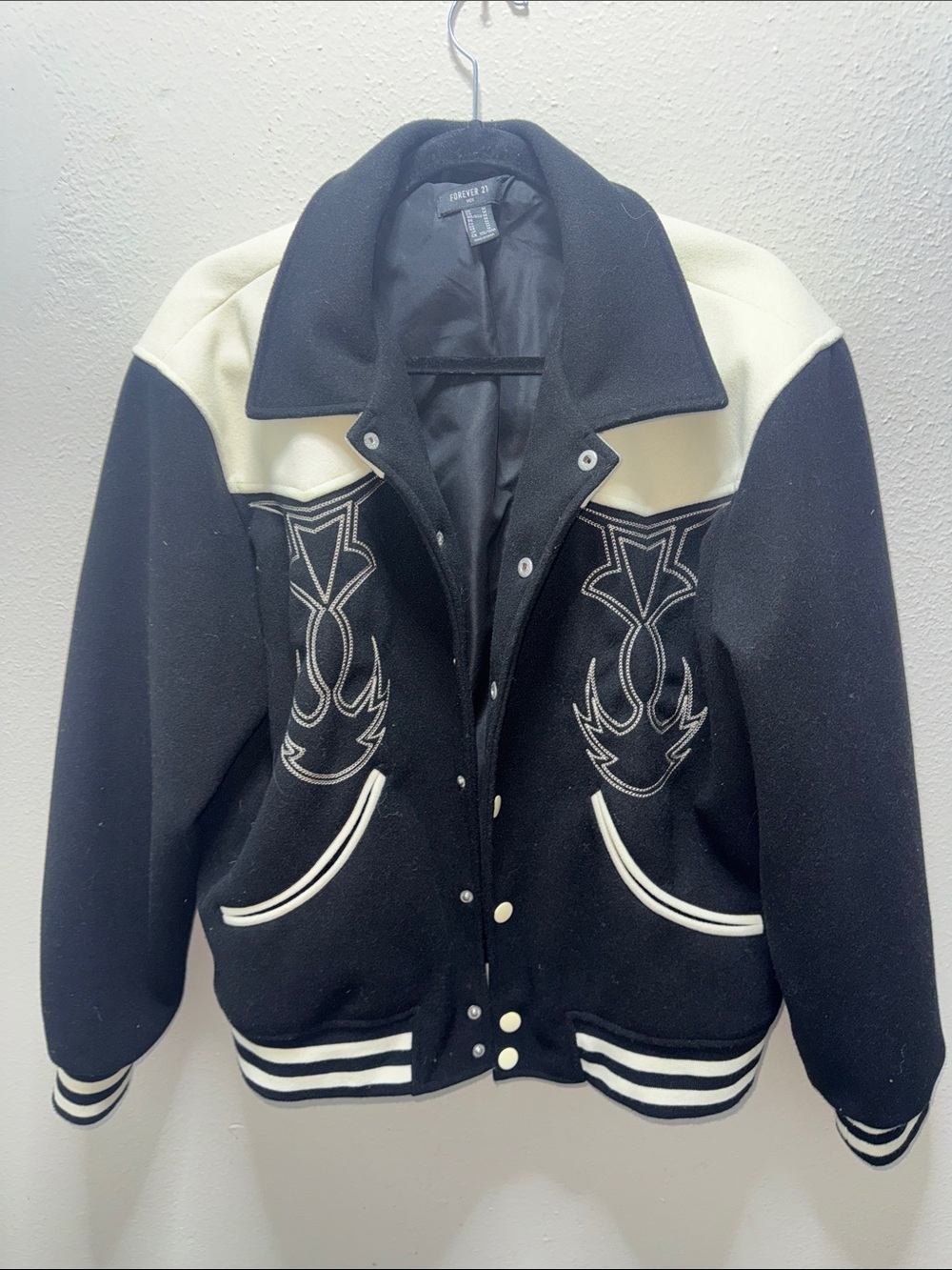 Forever 21 Black and Cream Women's Varsity Jacket